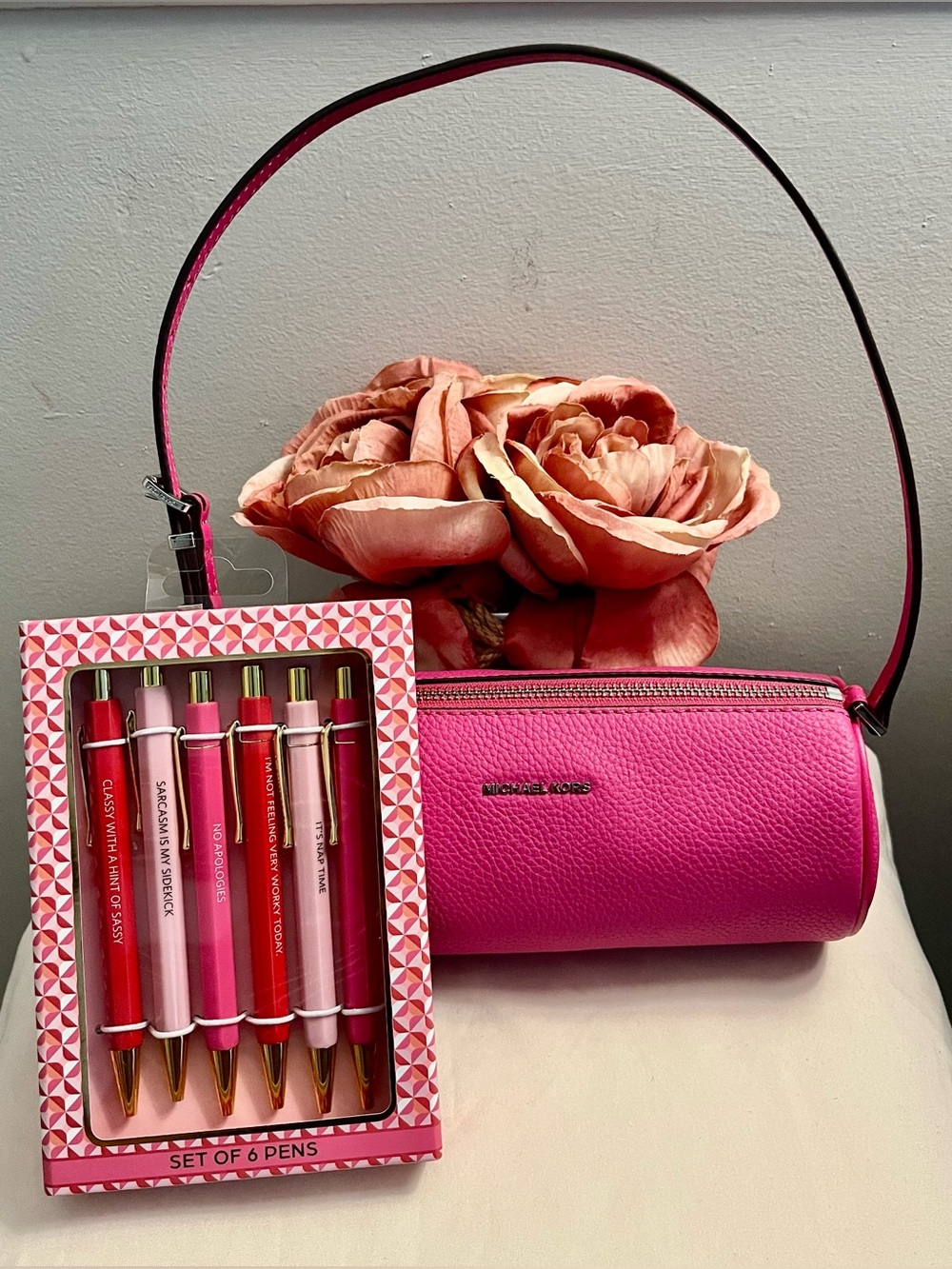 Michael Kors Pink Pebbled Leather Barrel Shoulder Bag - Picture 2 of 7